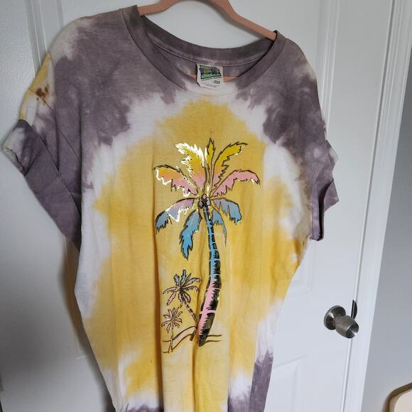 Village Mews Vintage Yellow Tie Dye T Shirt Yellow Grey Palm Tree OSFM - Picture 2 of 8